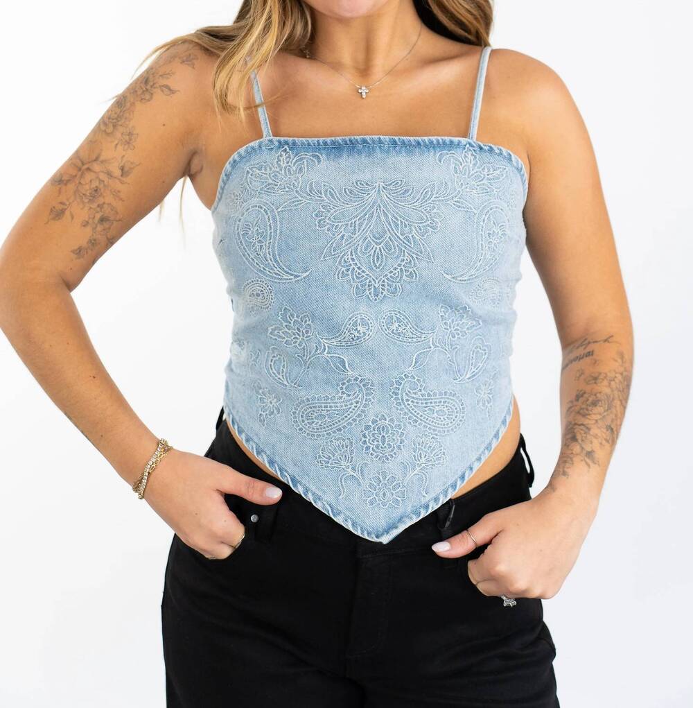NEW RAISONNEL romy denim bandana top in blue